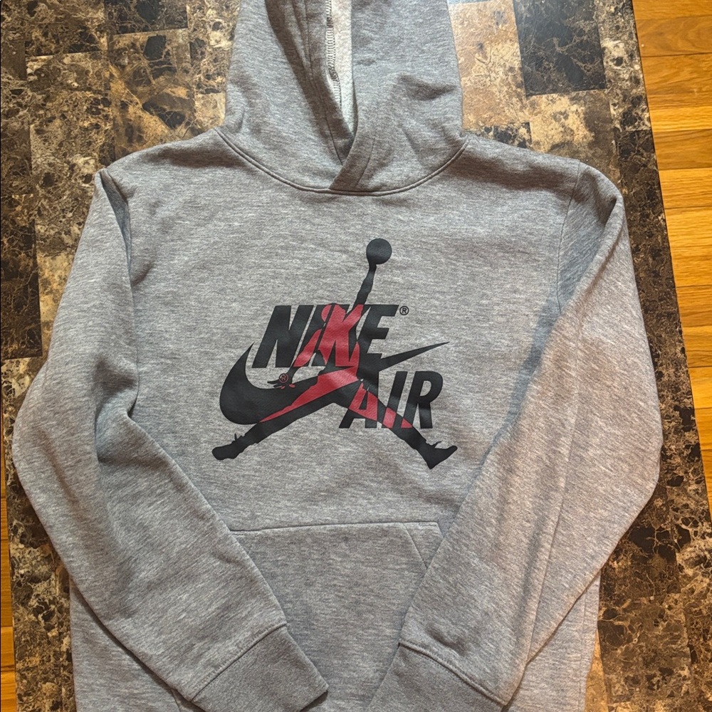 Youth Jordan Gray Hooded Sweatshirt with Black & Red Logo